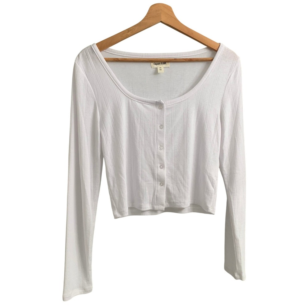 NWOT Open Edit White‎ Button Down Pointelle Top Size XS